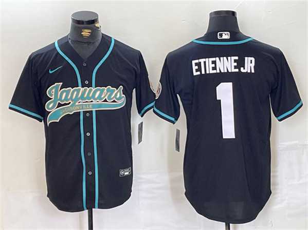 Men%27s Jacksonville Jaguars #1 Travis Etienne Jr. Black With Patch Cool Base Baseball Stitched Jersey